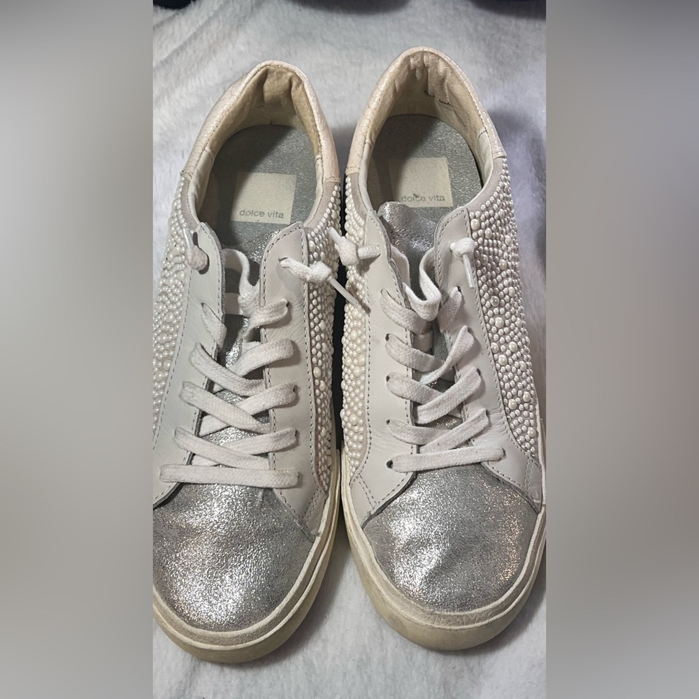 Dolce Vita Cream and Silver Studded Sneakers B25